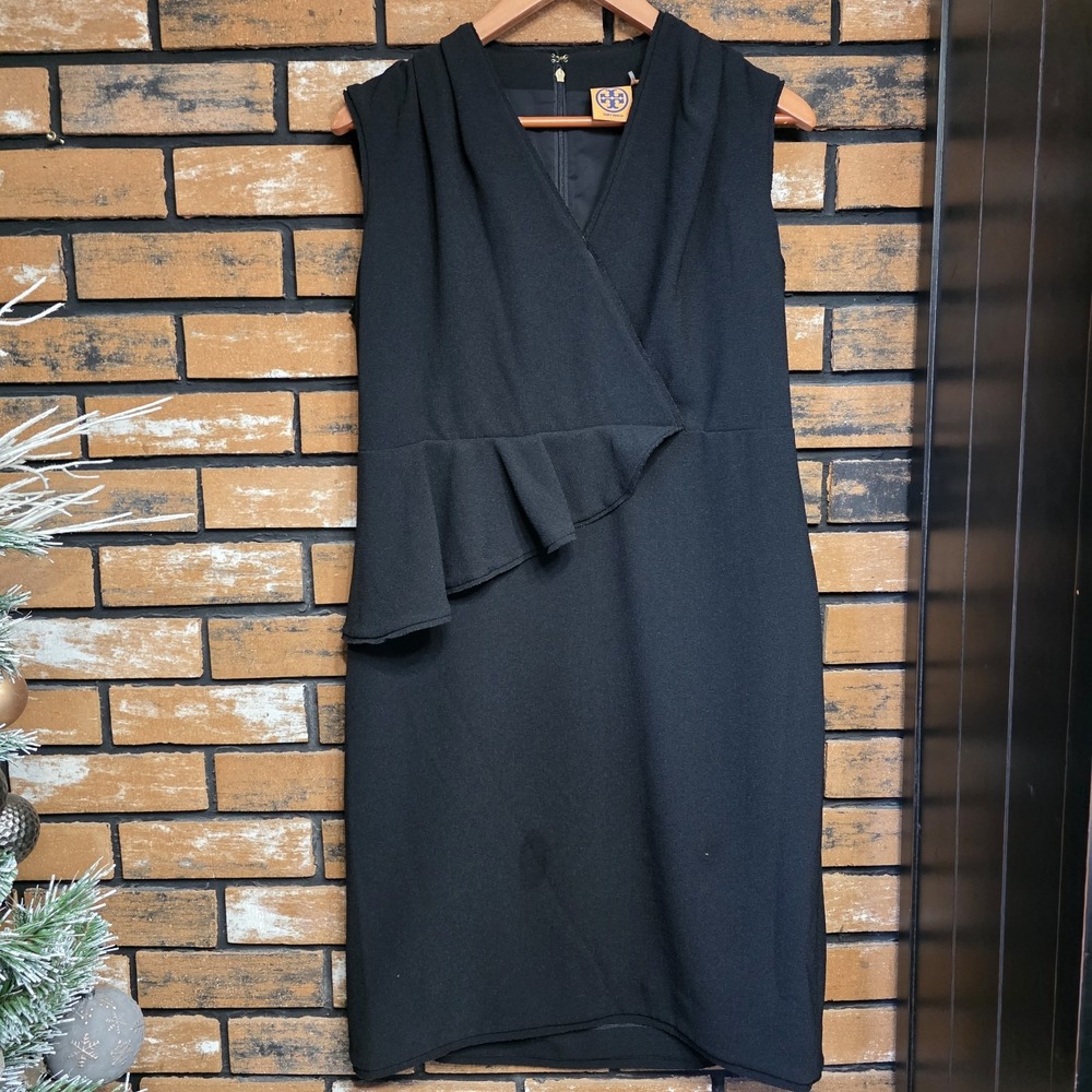 Tory Burch Black Brooklyn‎ Sheath Dress Size 14 Peplum Ruffle V Neck FLAW